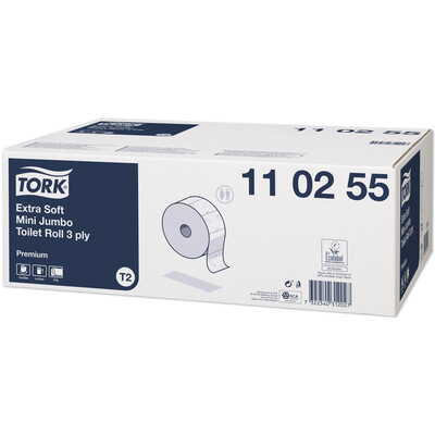 773316: Tork Extra Zacht Mini Jumbo Toiletpapier Premium - 3 laags - 600 vel - 120 m x 9.7 cm - WIT - 12 rollen - 110255