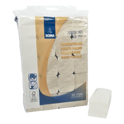 Singlefold hand towels - recycled tissue - 2 ply - 23 x 24 cm - WHITE - pack of 4000 (20 x 200)