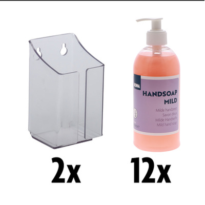 Hygiënepakket 4: 2 x wandhouder voor fles met pomp + 12 x 500 ml Handsoap Mild