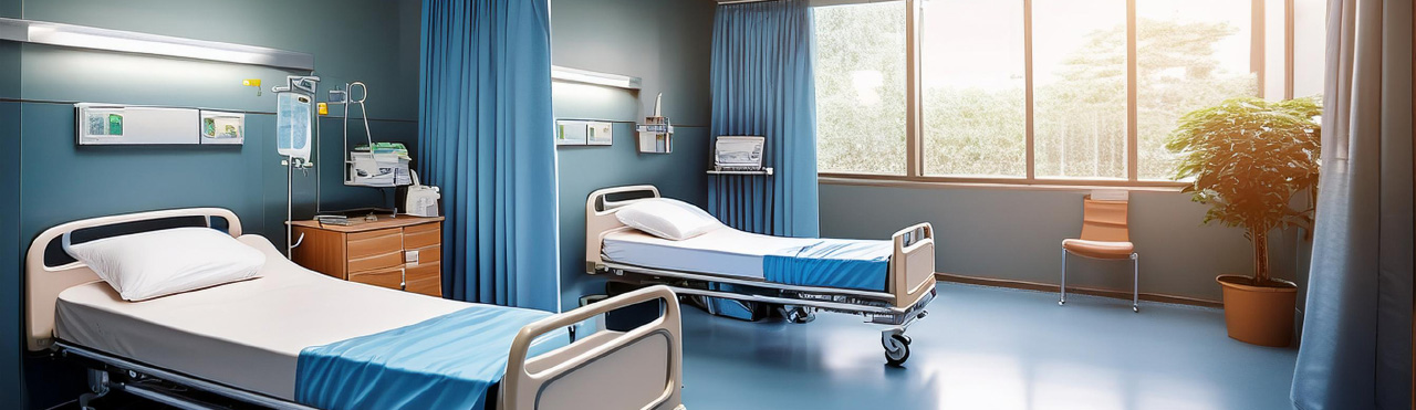 an empty hospital room with 2 beds.